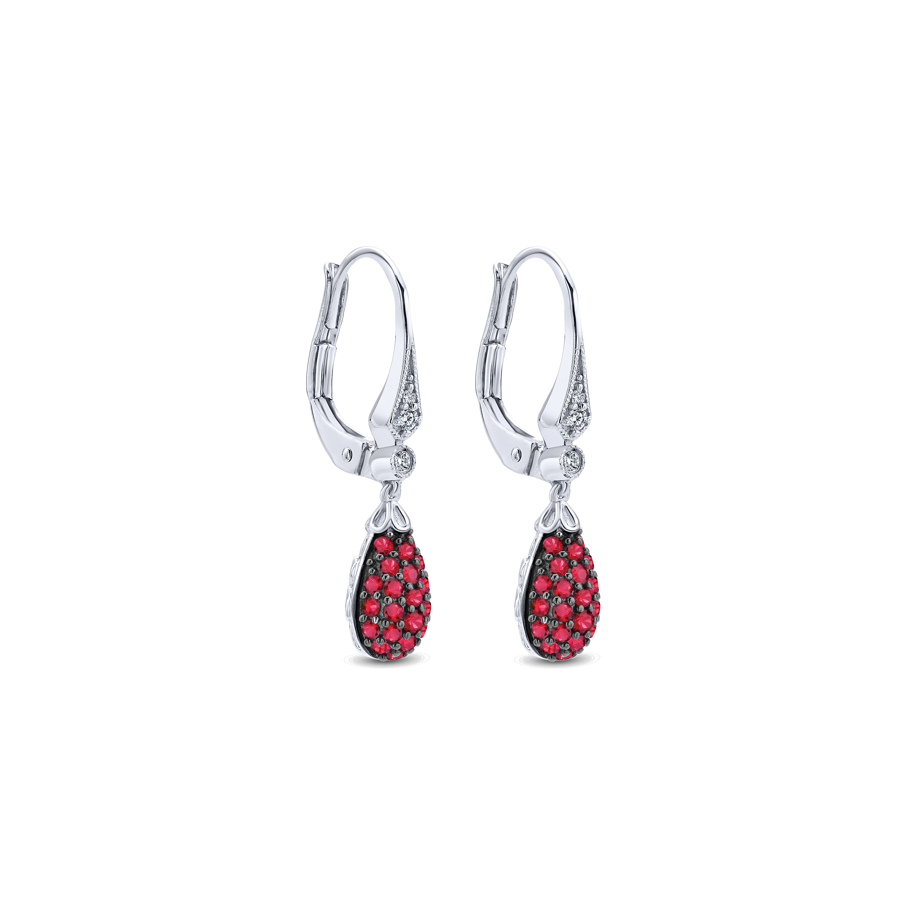 14K White Gold Diamond and Ruby Cluster Drop Earrings