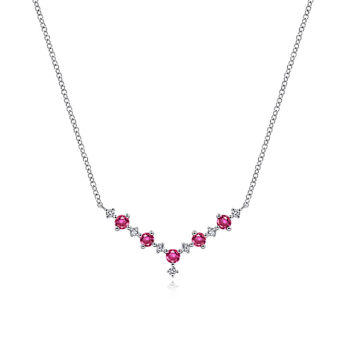 14K White Gold Diamond and Ruby Curved Bar Necklace