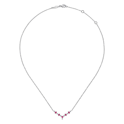 14K White Gold Diamond and Ruby Curved Bar Necklace