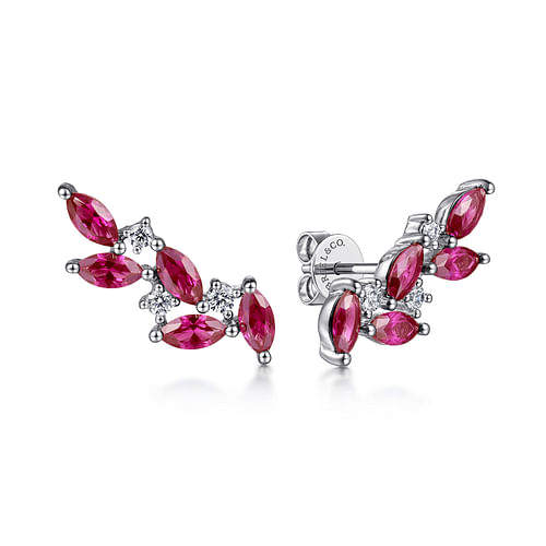 14K White Gold Diamond and Ruby Ear Climber Stud Earrings