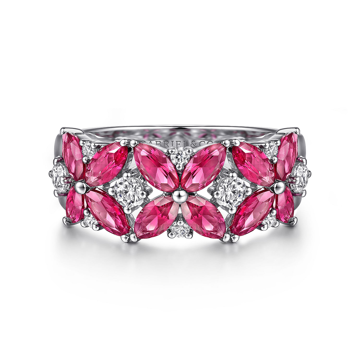14K White Gold Diamond and Ruby Floral Wide Band Ring