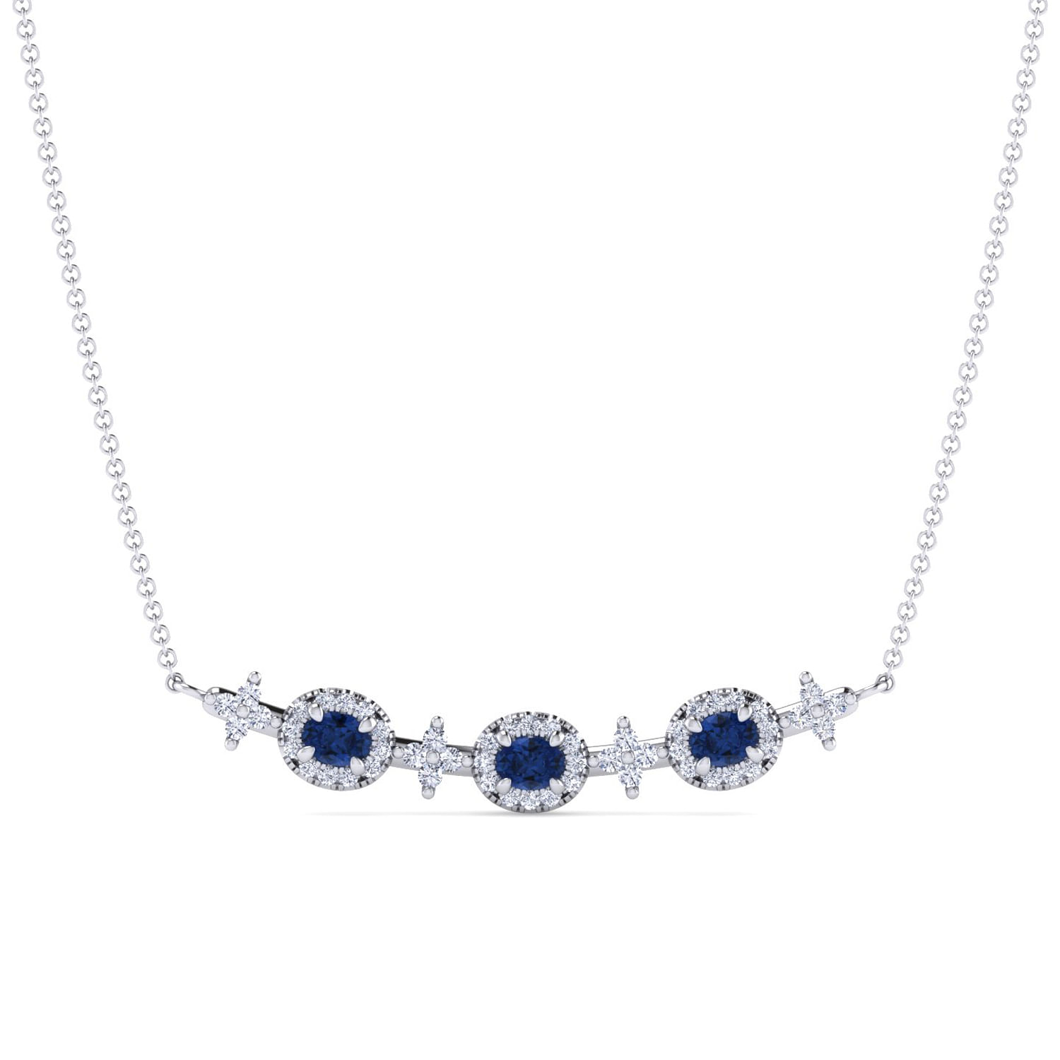 14K White Gold Diamond and Sapphire Bar Necklace