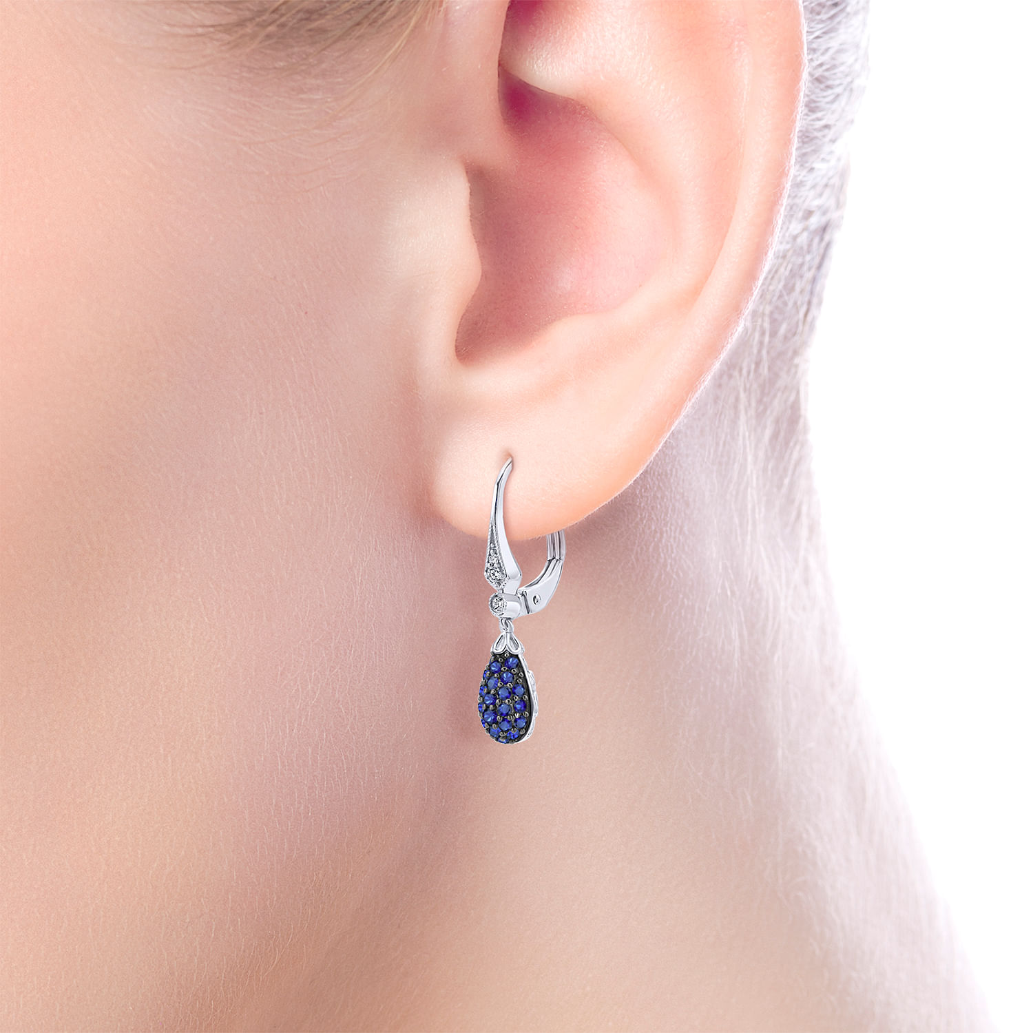 14K White Gold Diamond and Sapphire Cluster Drop Earrings