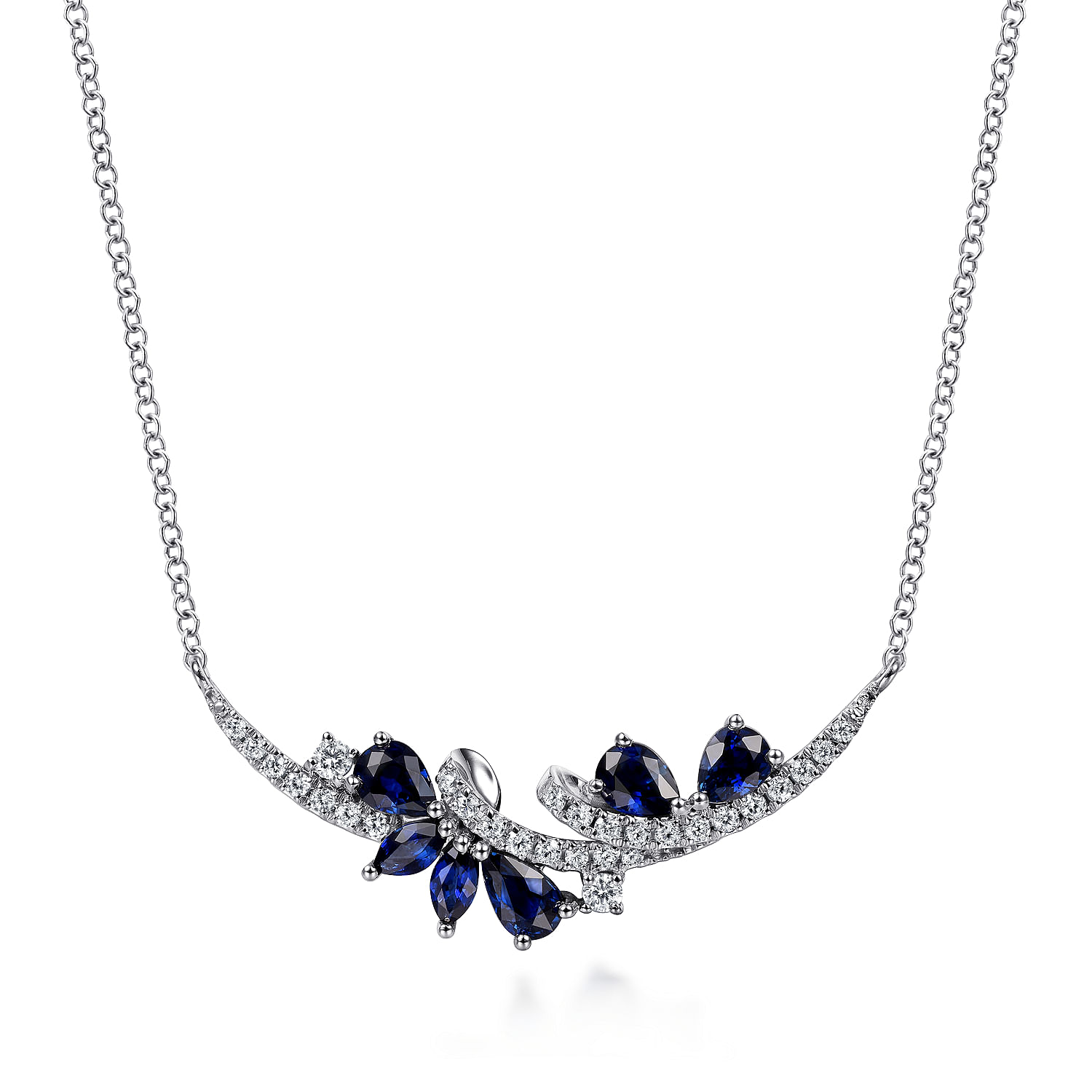 14K White Gold Diamond and Sapphire Curved Bar Necklace