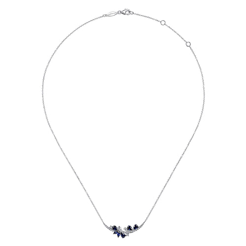 14K White Gold Diamond and Sapphire Curved Bar Necklace