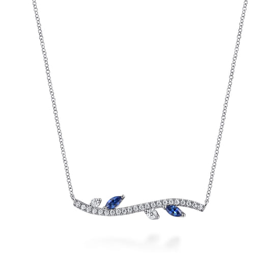 14K White Gold Diamond and Sapphire Floral Bar Necklace 14K White Gold Diamond and Sapphire Floral Bar Necklace