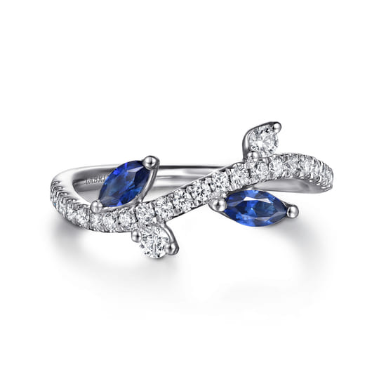 Gabriel - 14K White Gold Diamond and Sapphire Floral Twisted Ring