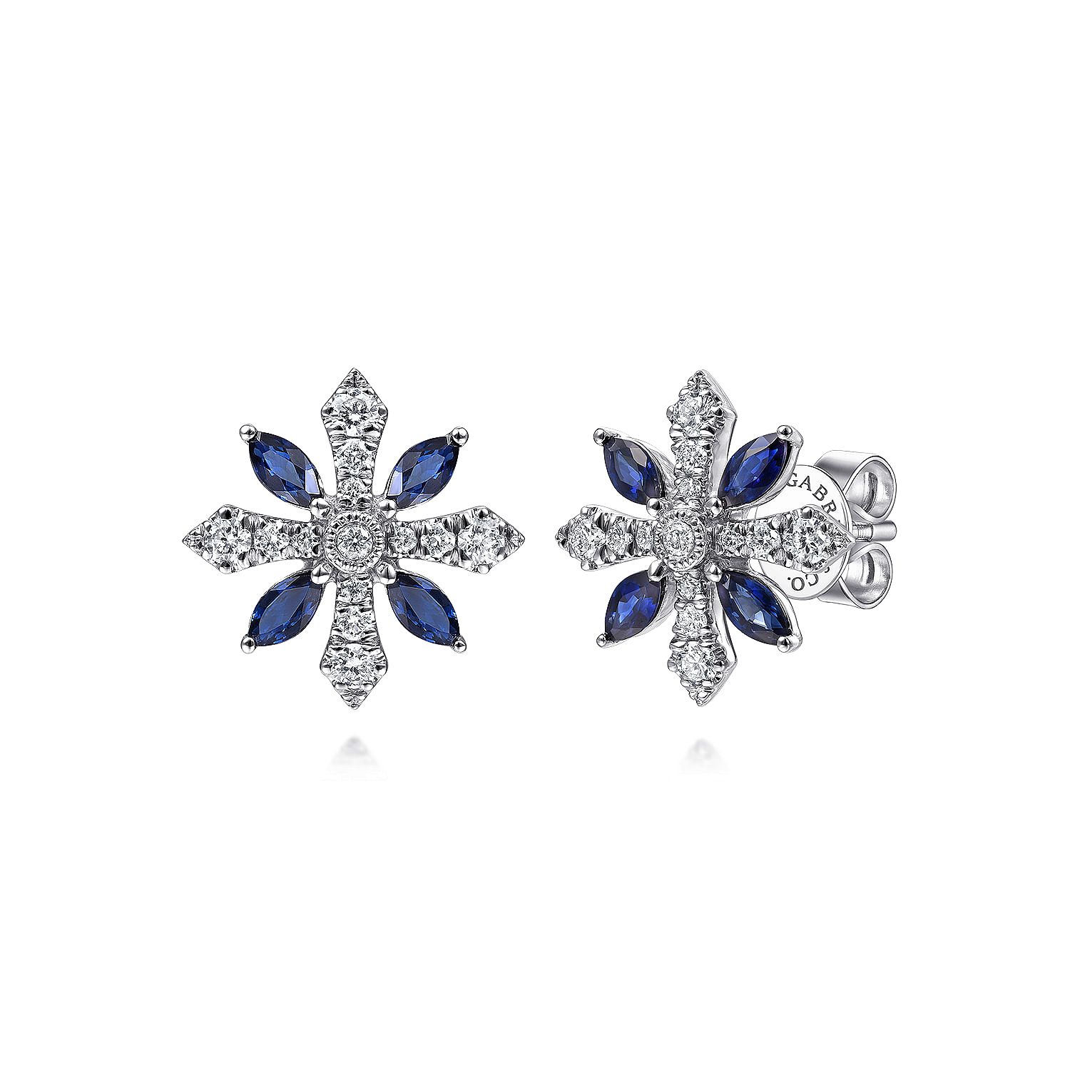14K White Gold Diamond and Sapphire Flower Stud Earrings