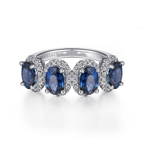 14K White Gold Diamond and Sapphire Oval Halo Ring