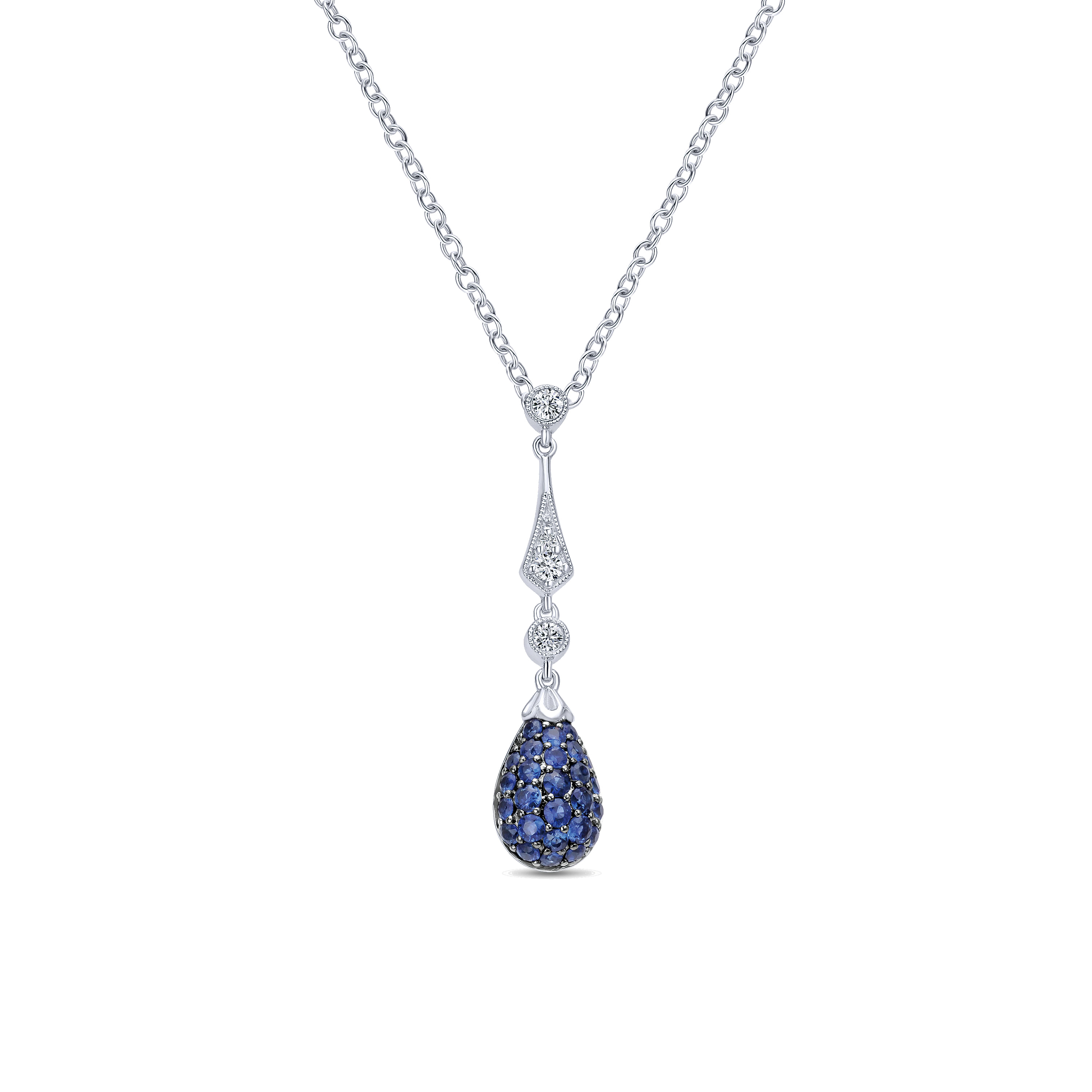14K White Gold Diamond and Sapphire Pavé Pendulum Pendant Necklace