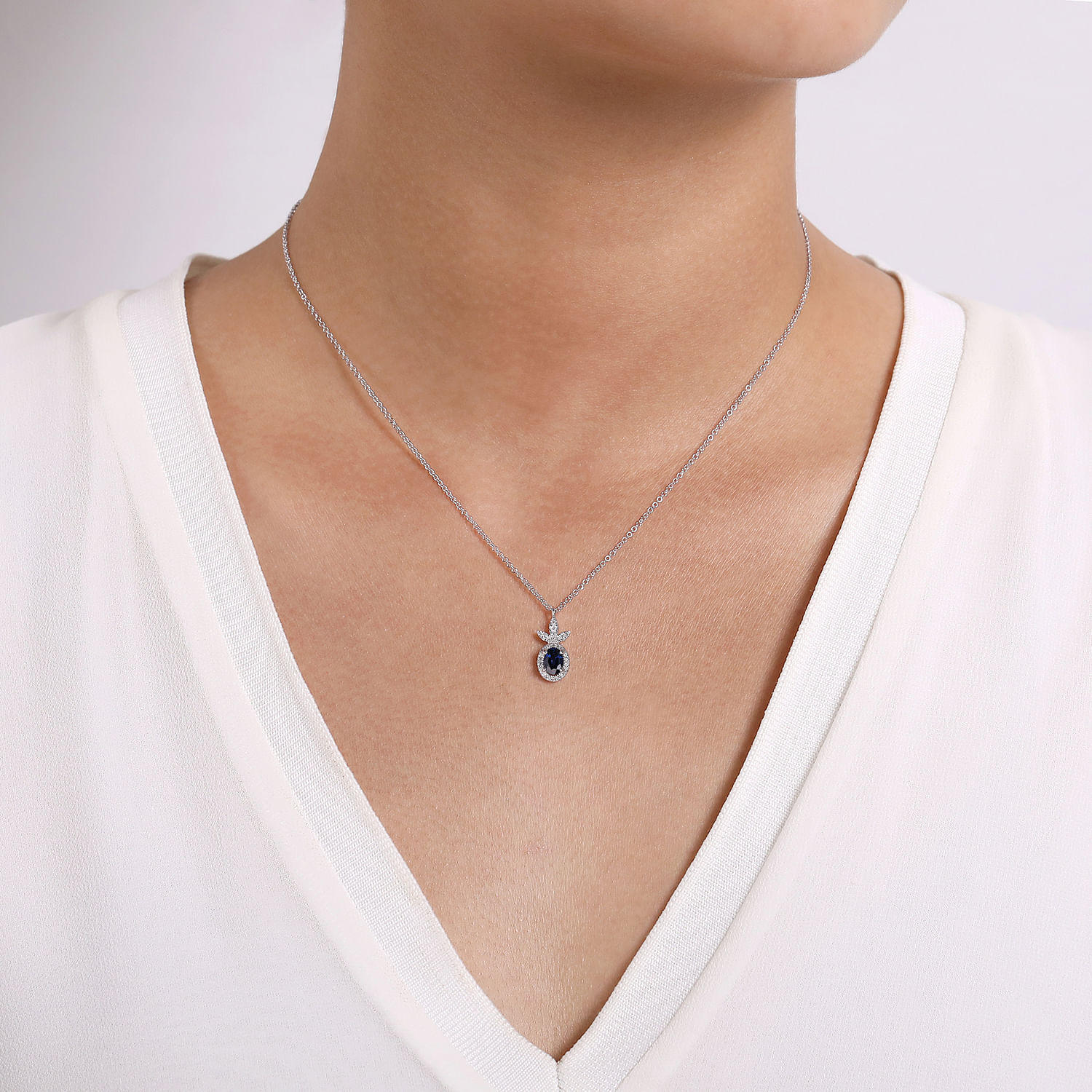 14K White Gold Diamond and Sapphire Pendant Necklace