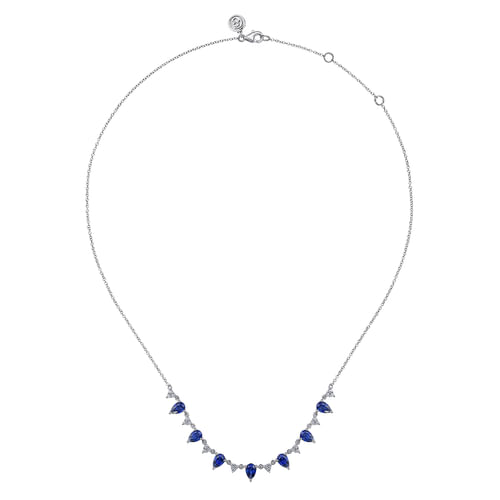 14K White Gold Diamond and Teardrop Blue Sapphire Station Necklace