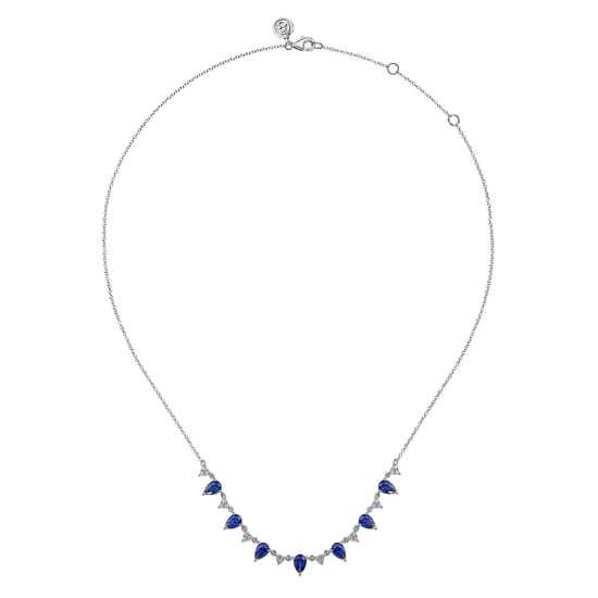 14K White Gold Diamond and Teardrop Blue Sapphire Station Necklace angle 2