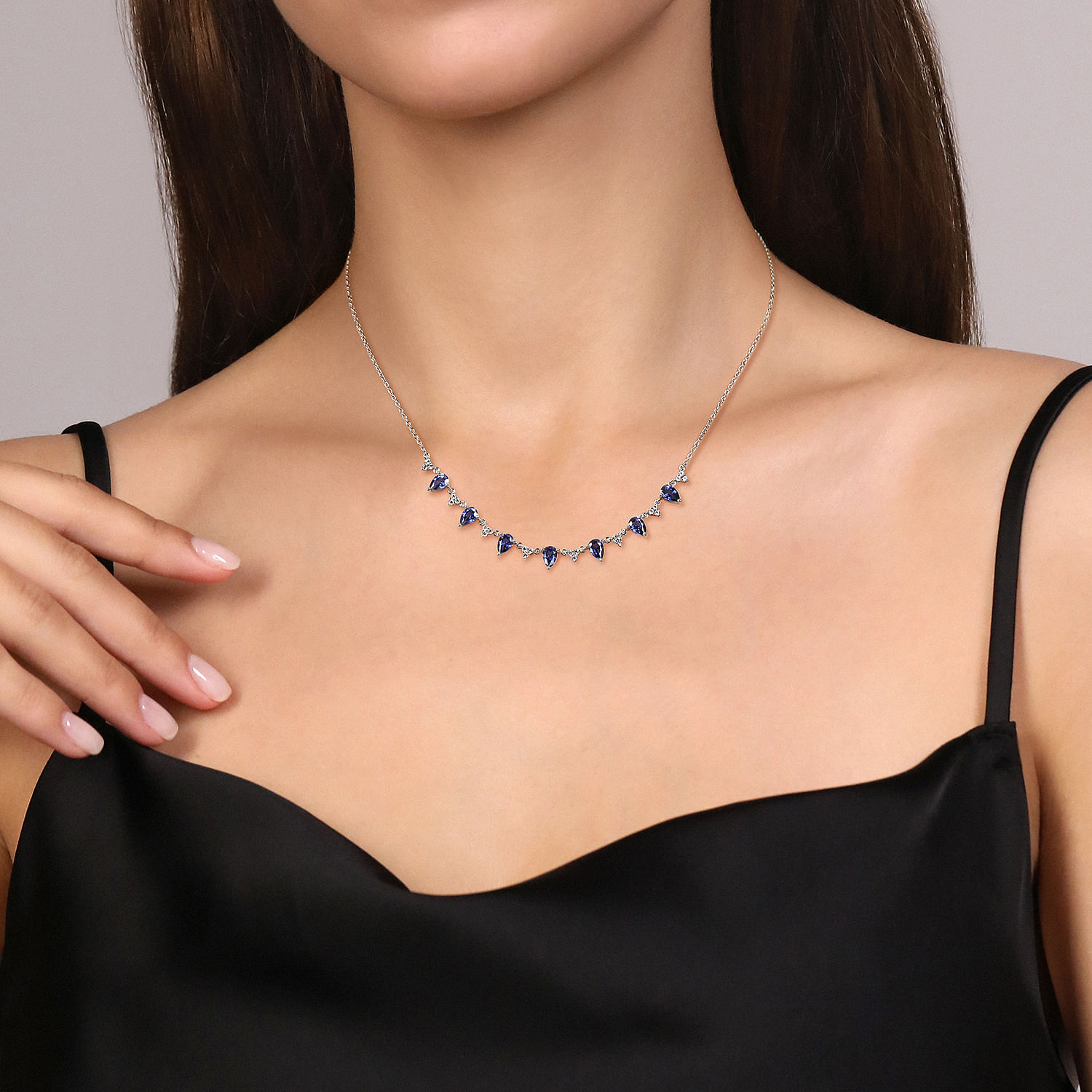 14K White Gold Diamond and Teardrop Blue Sapphire Station Necklace