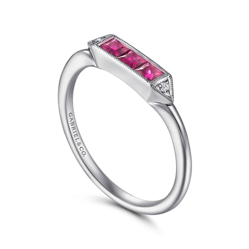 14K White Gold Diamond and Trio Princess Cut Ruby Ladies Ring