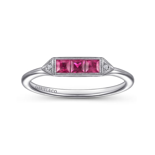 14K White Gold Diamond and Trio Princess Cut Ruby Ladies Ring