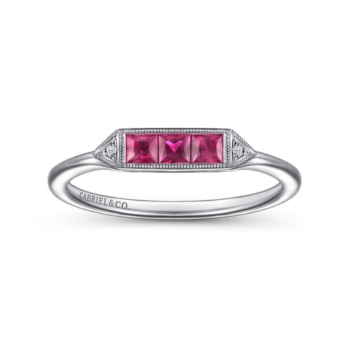14K White Gold Diamond and Trio Princess Cut Ruby Promise Ring