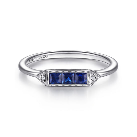 Gabriel - 14K White Gold Diamond and Trio Princess Cut Sapphire Ladies Ring