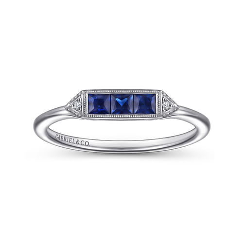 14K White Gold Diamond and Trio Princess Cut Sapphire Ladies Ring