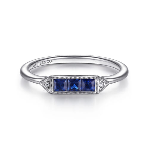 14K White Gold Diamond and Trio Princess Cut Sapphire Promise Ring