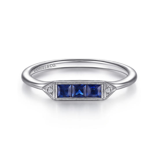 Gabriel - 14K White Gold Diamond and Trio Princess Cut Sapphire Promise Ring