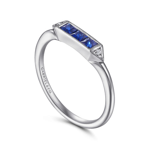 14K White Gold Diamond and Trio Princess Cut Sapphire Promise Ring