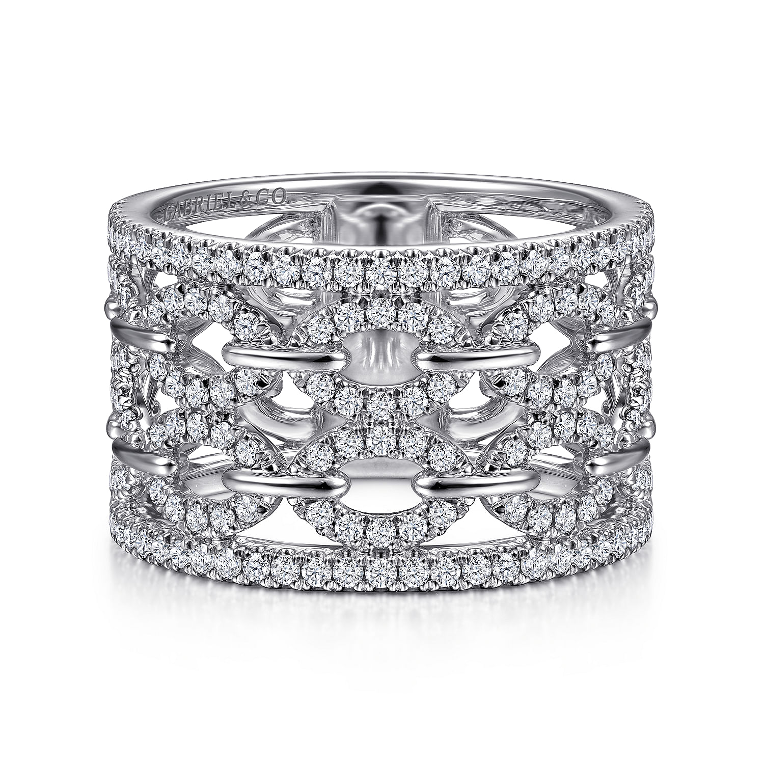 14K White Gold Diamond link Wide Band Ring