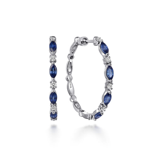 14K White Gold Diamonds and Marquise Blue Sapphire Classic Hoop Earrings
