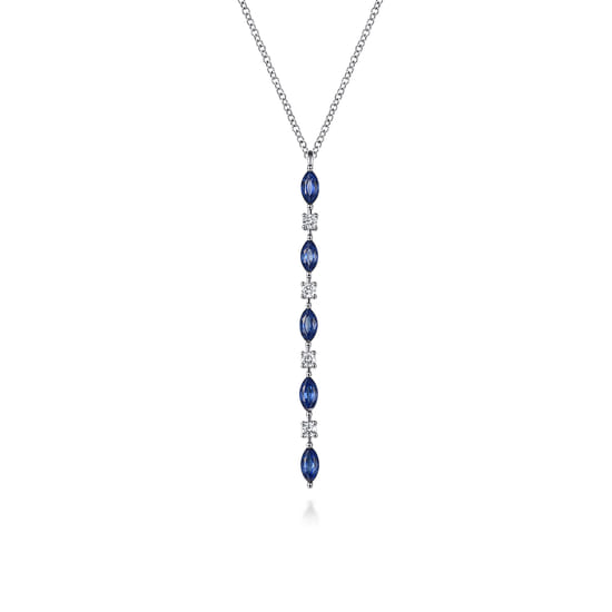 Gabriel - 14K White Gold Diamonds and Marquise Blue Sapphire Vertical Bar Necklace