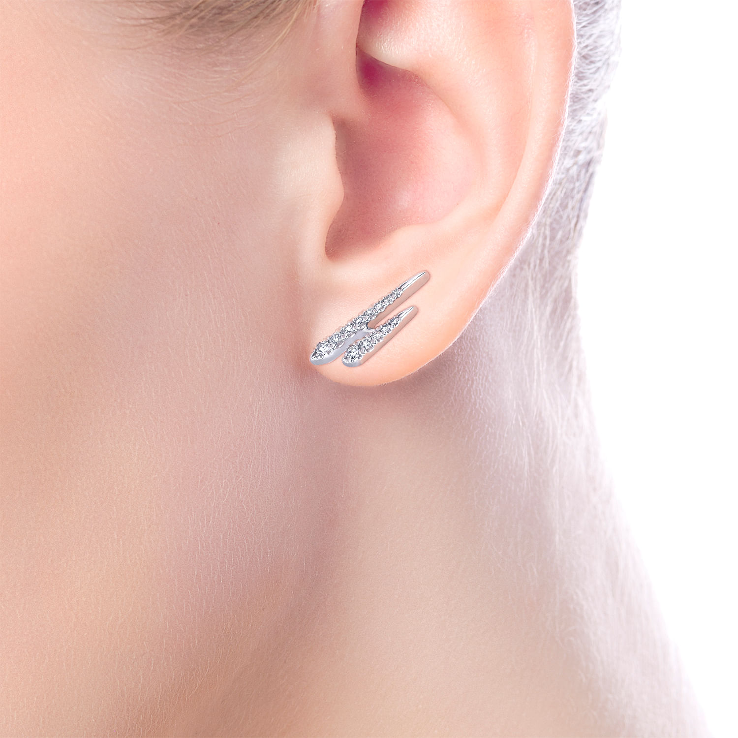 14K White Gold Double Diamond Spike Ear Climber Earrings