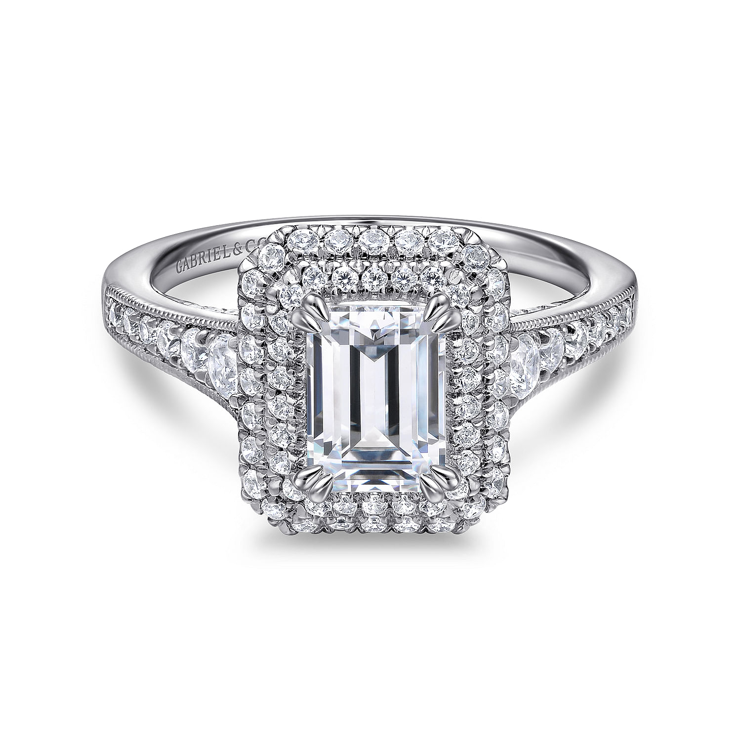 Gabriel - 14K White Gold Double Halo Emerald Cut Diamond Engagement Ring