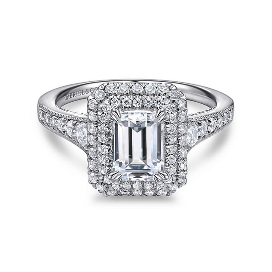 Gabriel - 14K White Gold Double Halo Emerald Cut Diamond Engagement Ring