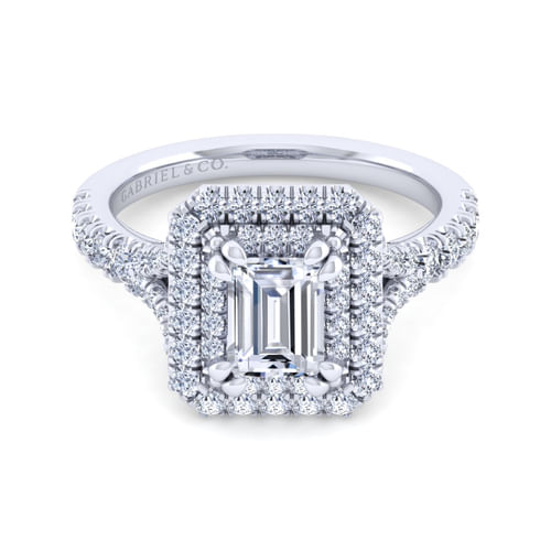 14K White Gold Double Halo Emerald Cut Diamond Engagement Ring