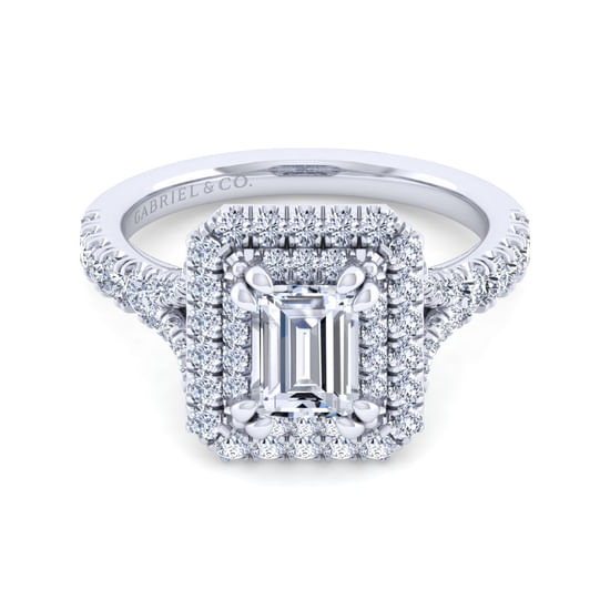 Gabriel - 14K White Gold Double Halo Emerald Cut Diamond Engagement Ring