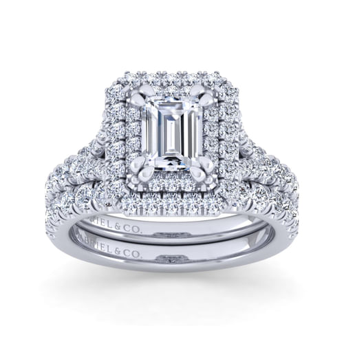 14K White Gold Double Halo Emerald Cut Diamond Engagement Ring