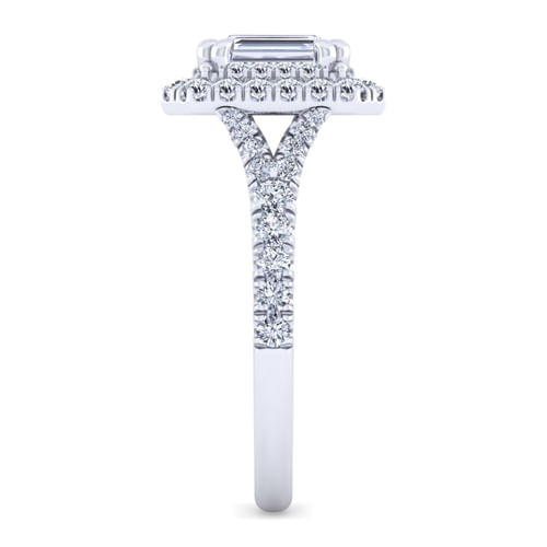14K White Gold Double Halo Emerald Cut Diamond Engagement Ring