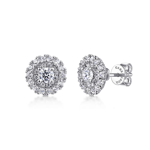 14K White Gold Double Halo Round Diamond Stud Earrings