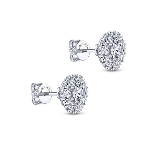 14K White Gold Double Halo Round Diamond Stud Earrings