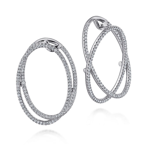 14K White Gold Double Layered 35mm Diamond Intricate Hoop Earrings