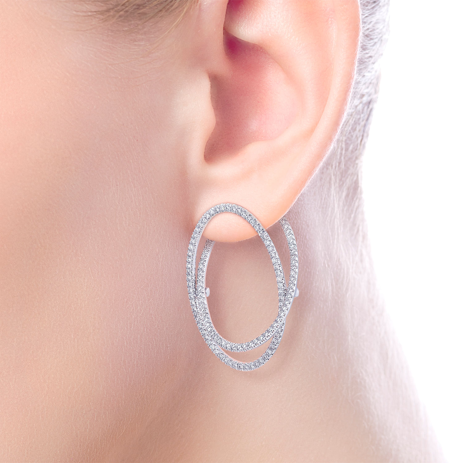 14K White Gold Double Layered 35mm Diamond Intricate Hoop Earrings