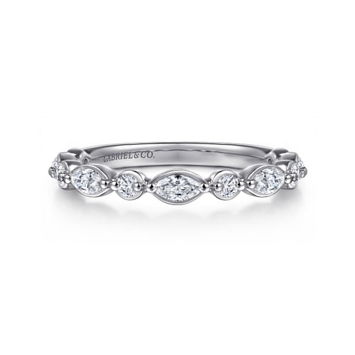 14K White Gold Double Prongs Marquise and Round Diamond Anniversary Band