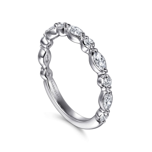 14K White Gold Double Prongs Marquise and Round Diamond Anniversary Band