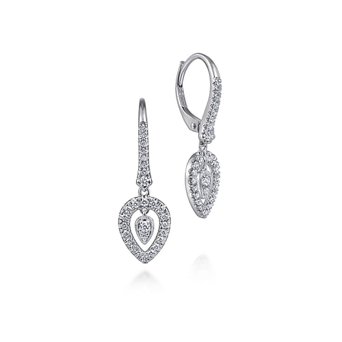 14K White Gold Double Teardrop Leverback Diamond Earrings