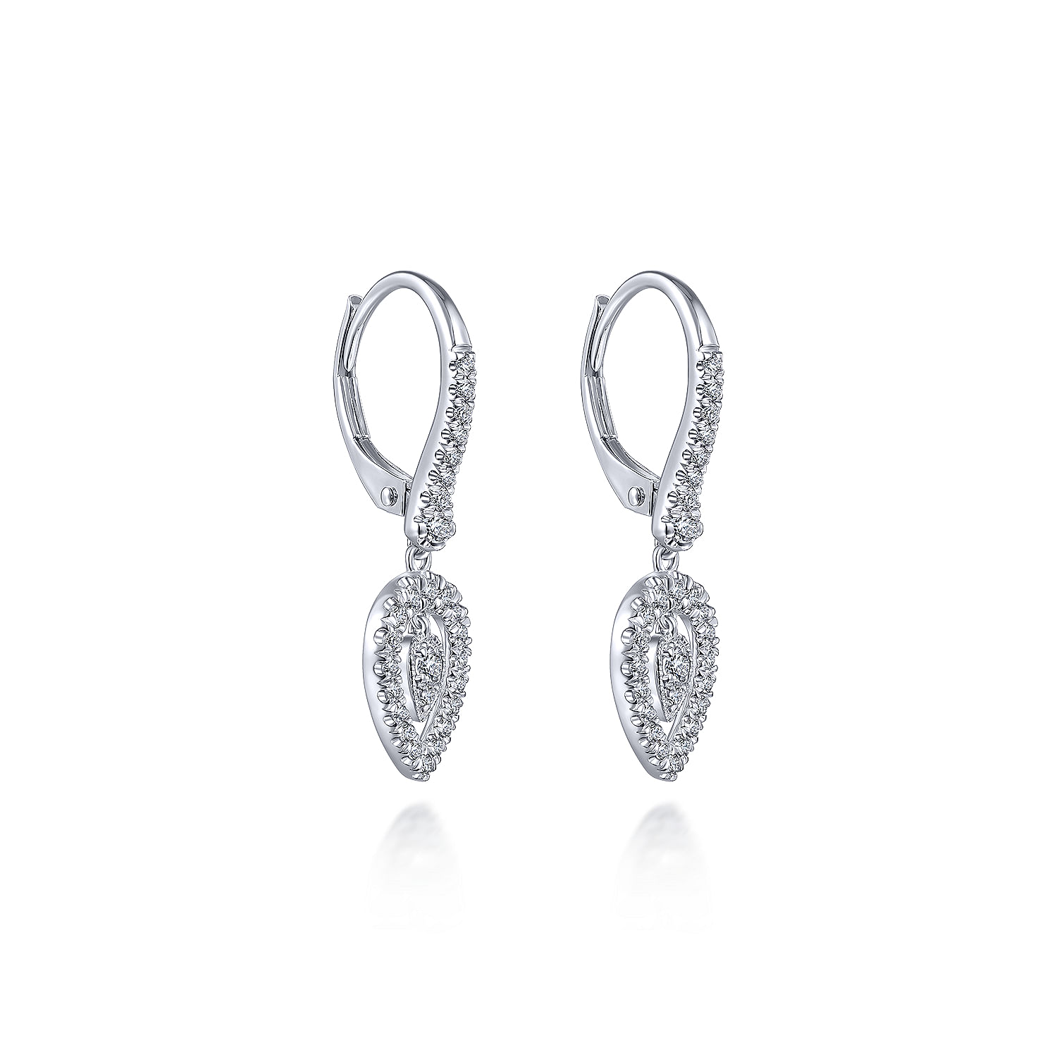 14K White Gold Double Teardrop Leverback Diamond Earrings