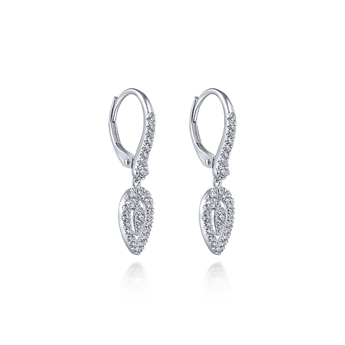 14K White Gold Double Teardrop Leverback Diamond Earrings