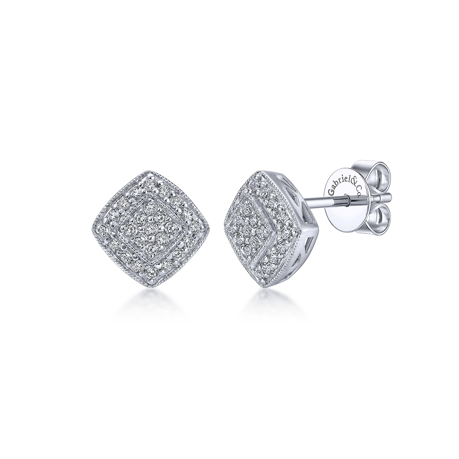 14K White Gold Earrings Cushion Shape Diamond Pavé Stud Earrings