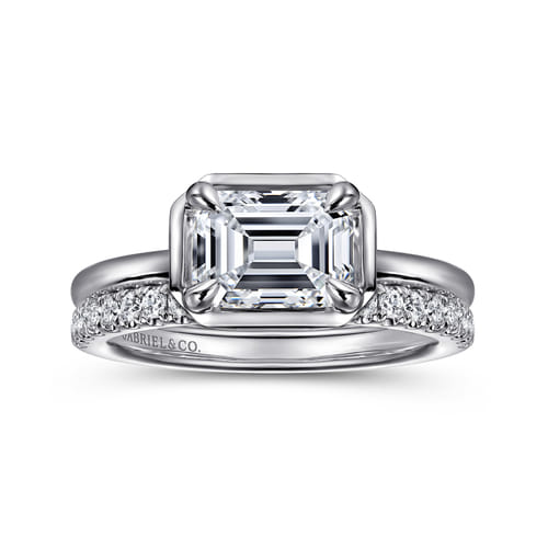 14K White Gold East West and Bezel Prong Emerald Cut Diamond Engagement Ring