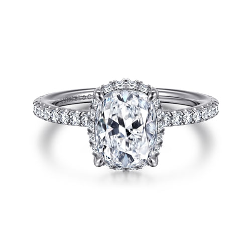 14K White Gold Elongated Cushion Hidden Halo Diamond Engagement Ring