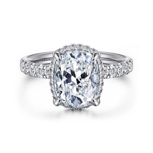 14K White Gold Elongated Cushion Hidden Halo Diamond Engagement Ring