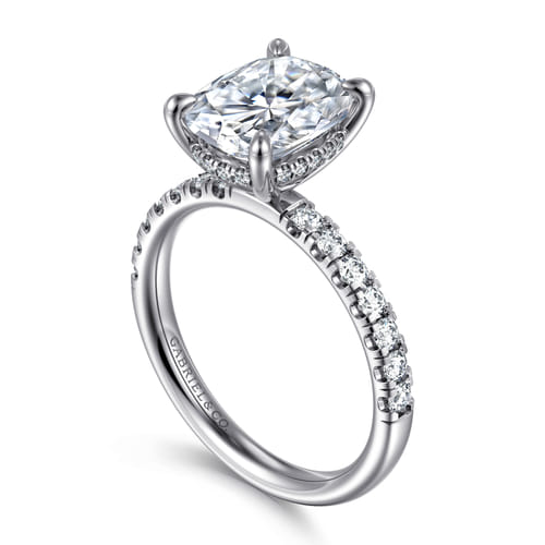14K White Gold Elongated Cushion Hidden Halo Diamond Engagement Ring
